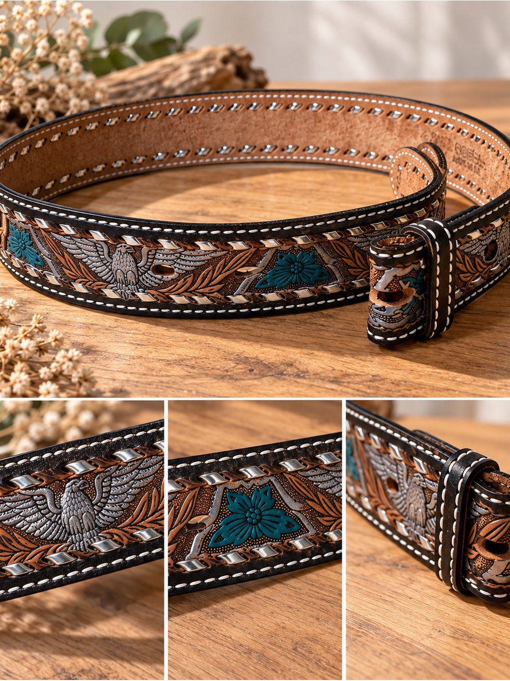 Vintage Genuine Leather Western Eagle Tooled Belt – Size 30